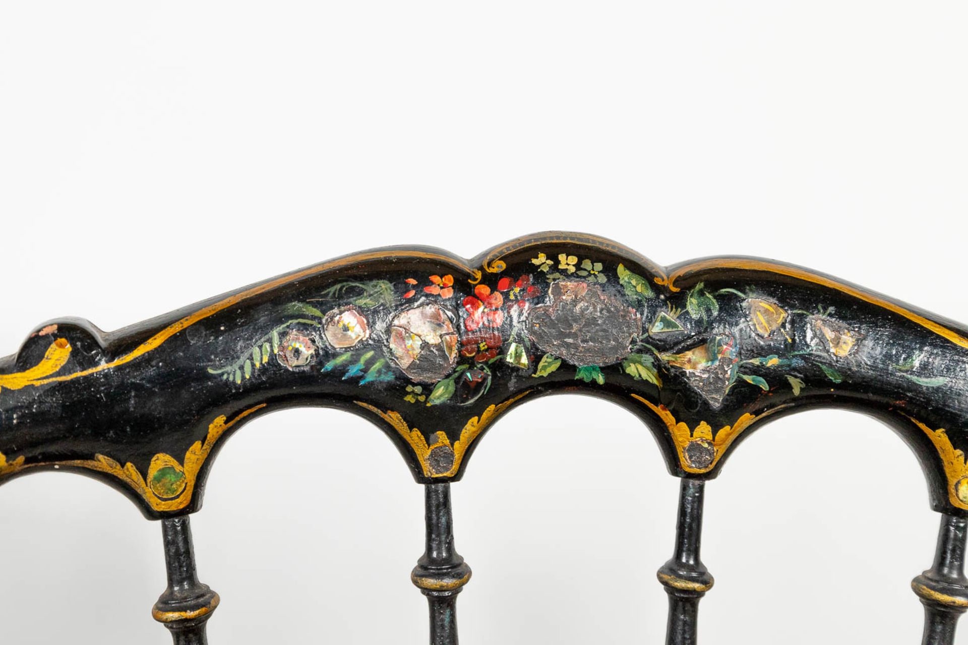 A collection of 3 chairs inlaid with mother of pearl and hand-painted decors. - Image 4 of 10