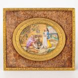 A framed miniature painting of a man holding a Chicken, a lady, and hunting trophies. Signed Dupon.