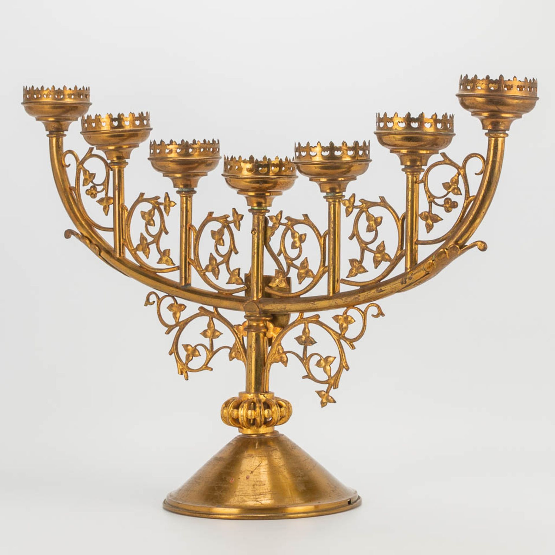 A church candlestick with 7 candle holders, Neogothic style. First half of the 20th century. - Image 10 of 19