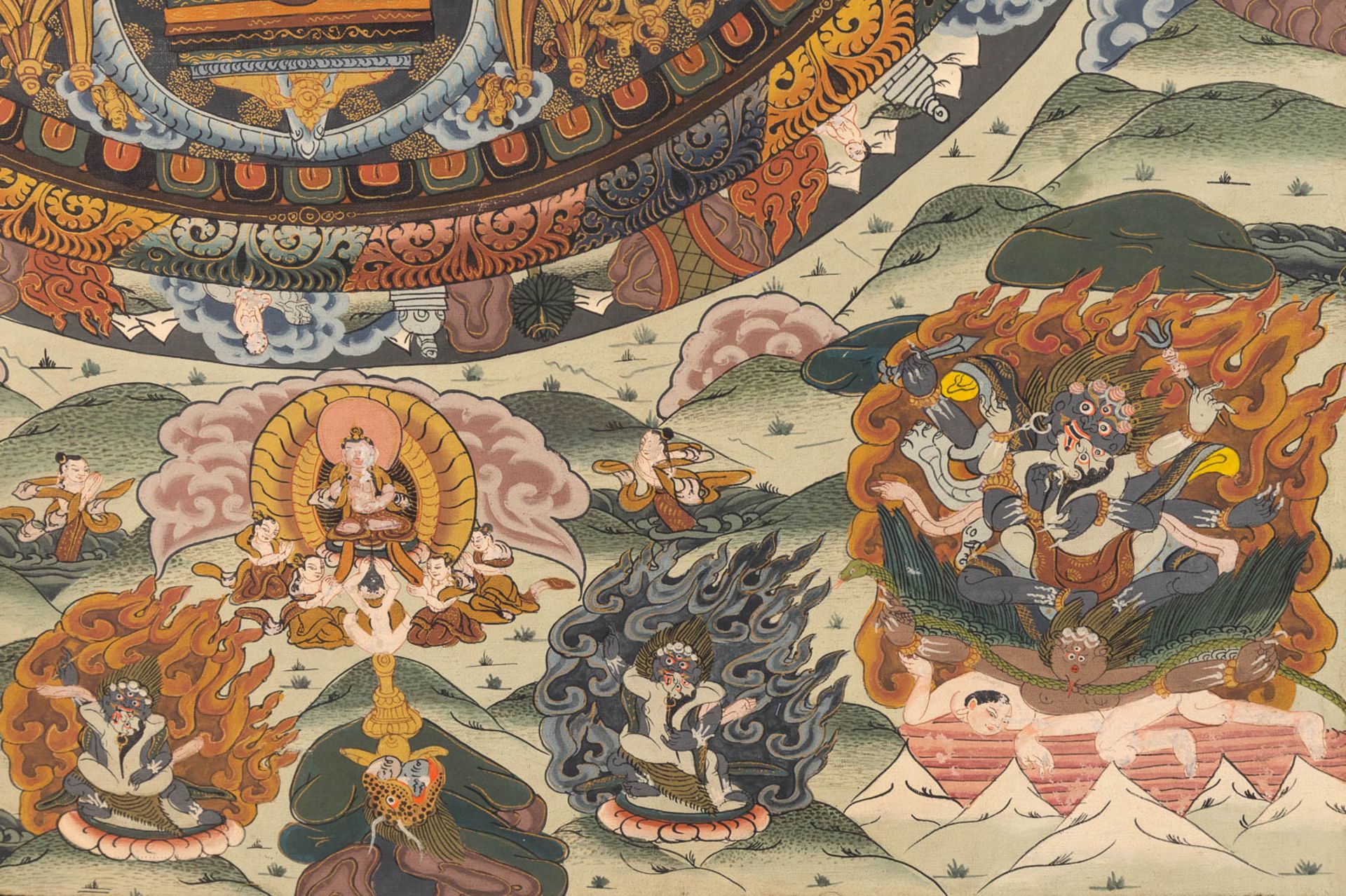 An Oriental Thangka, with hand-painted decor on a silk base. - Image 6 of 9