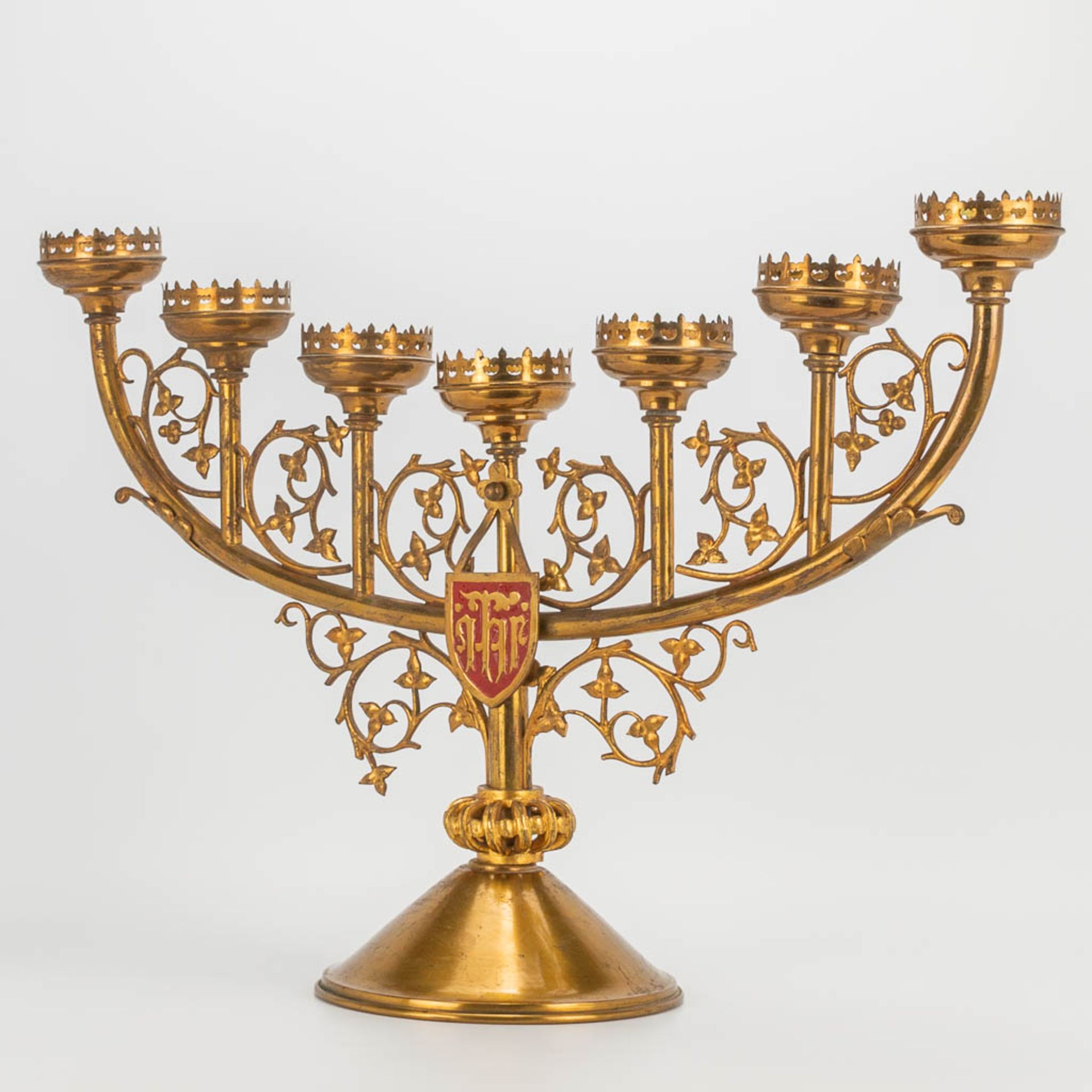 A church candlestick with 7 candle holders, Neogothic style. First half of the 20th century. - Image 9 of 19