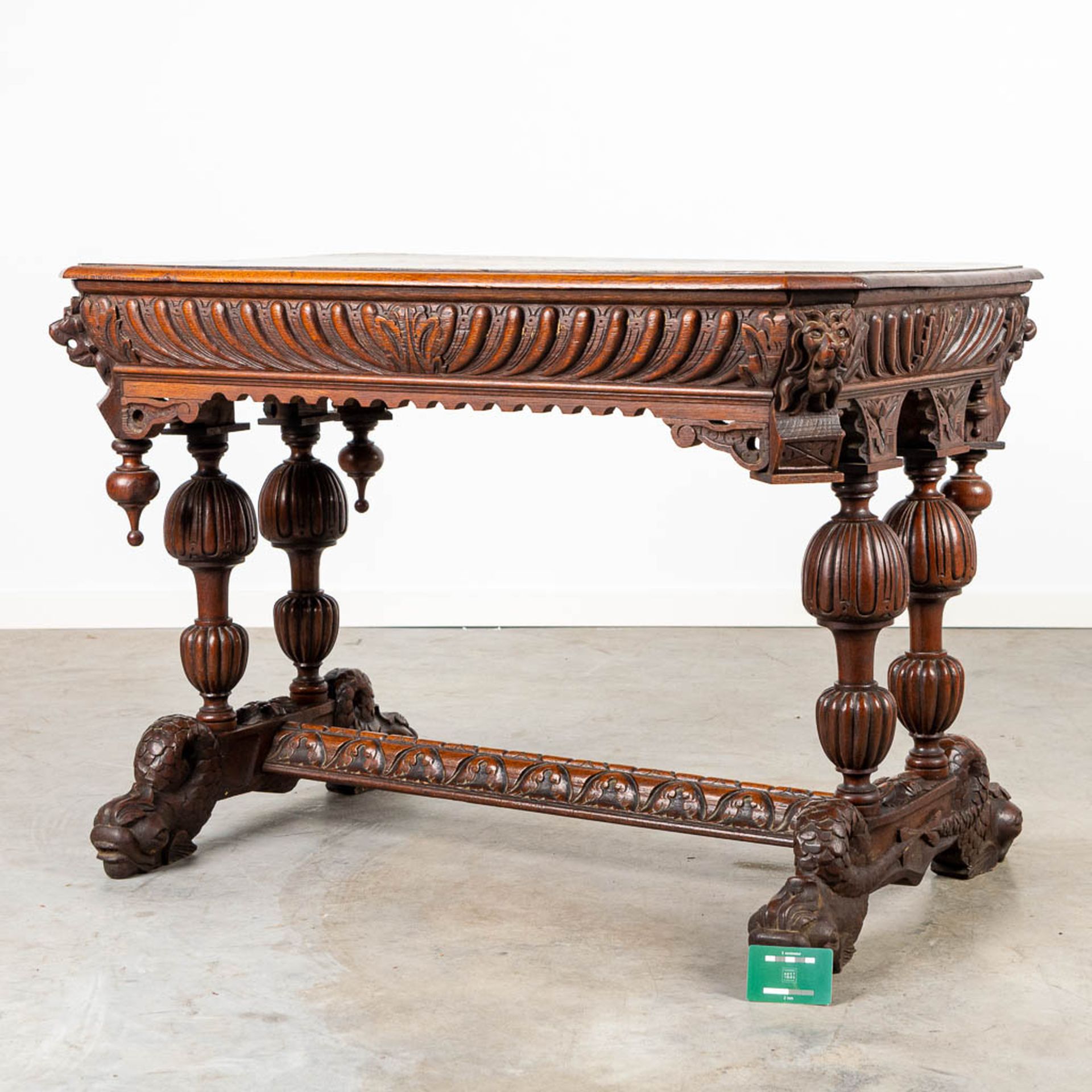 A desk made of oak and decorated with wood sculptured Dolphins. - Image 4 of 9