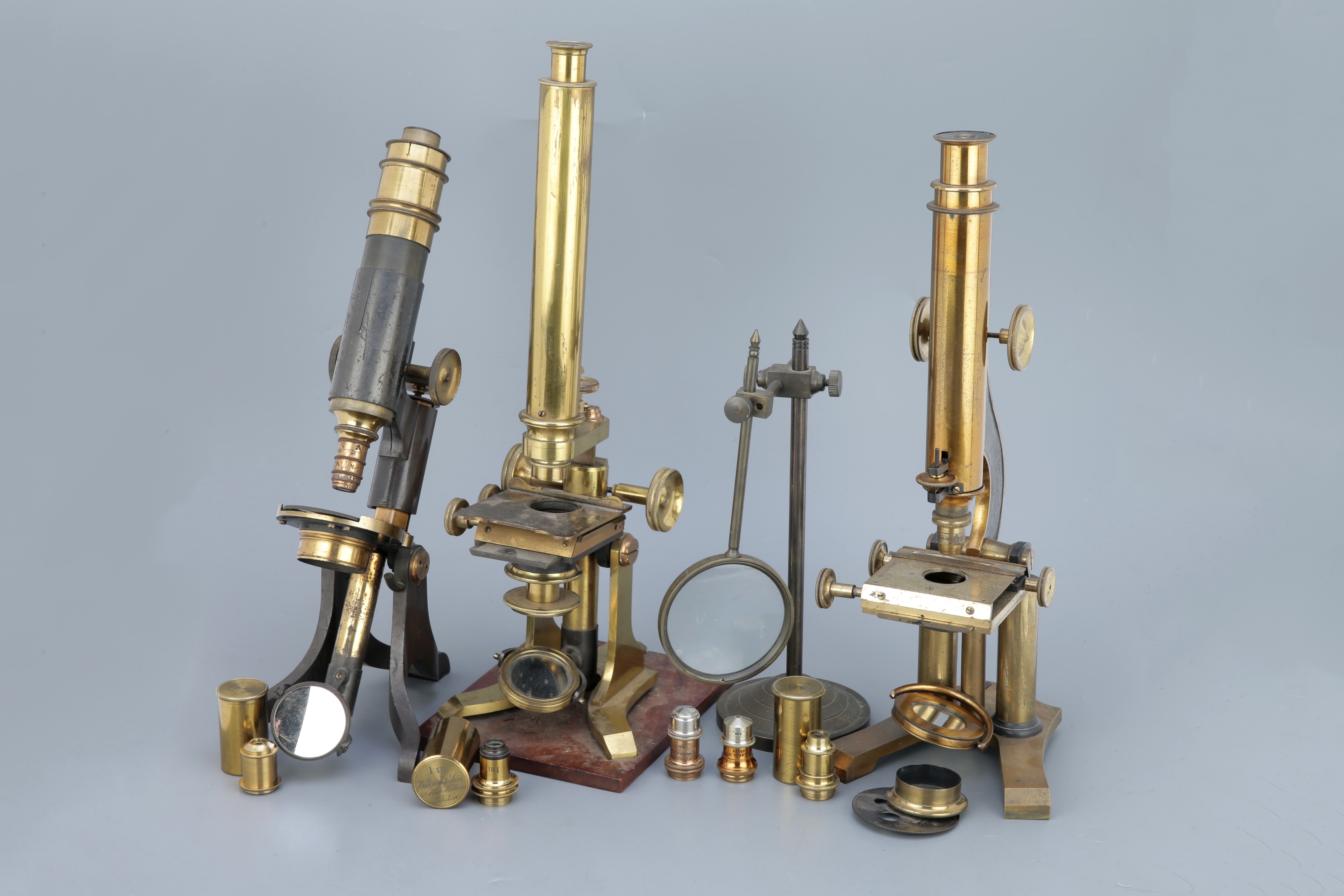 Collection of 3 Brass Microscope & Accessories,