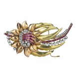 A mid 20th century ruby and diamond set flower spray brooch.