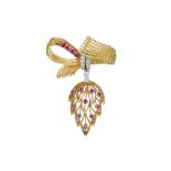 A mid 20th century ruby and diamond bow brooch.