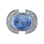 A French Art Deco cabochon sapphire and diamond cocktail ring.