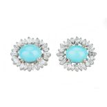 A pair of 1950s diamond and turquoise cluster earrings.