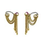 MELLERIO. A pair of 1940s ruby and diamond tassel earrings.