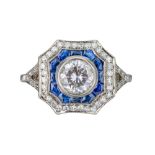 An Art Deco diamond and sapphire target cluster ring.