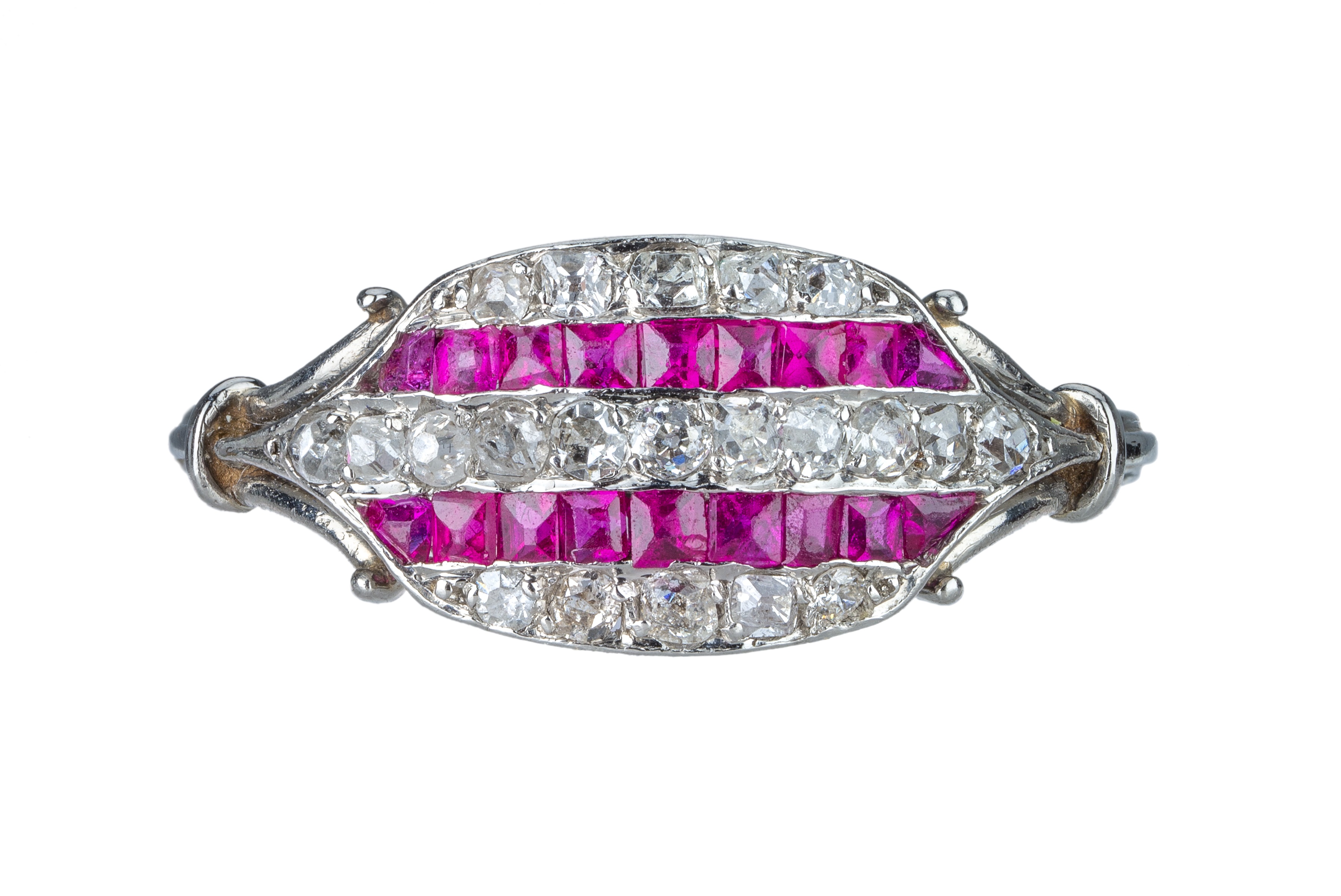 A French Art Deco ruby and diamond plaque ring.