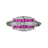 A French Art Deco ruby and diamond plaque ring.