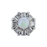 A precious opal and diamond dress ring.