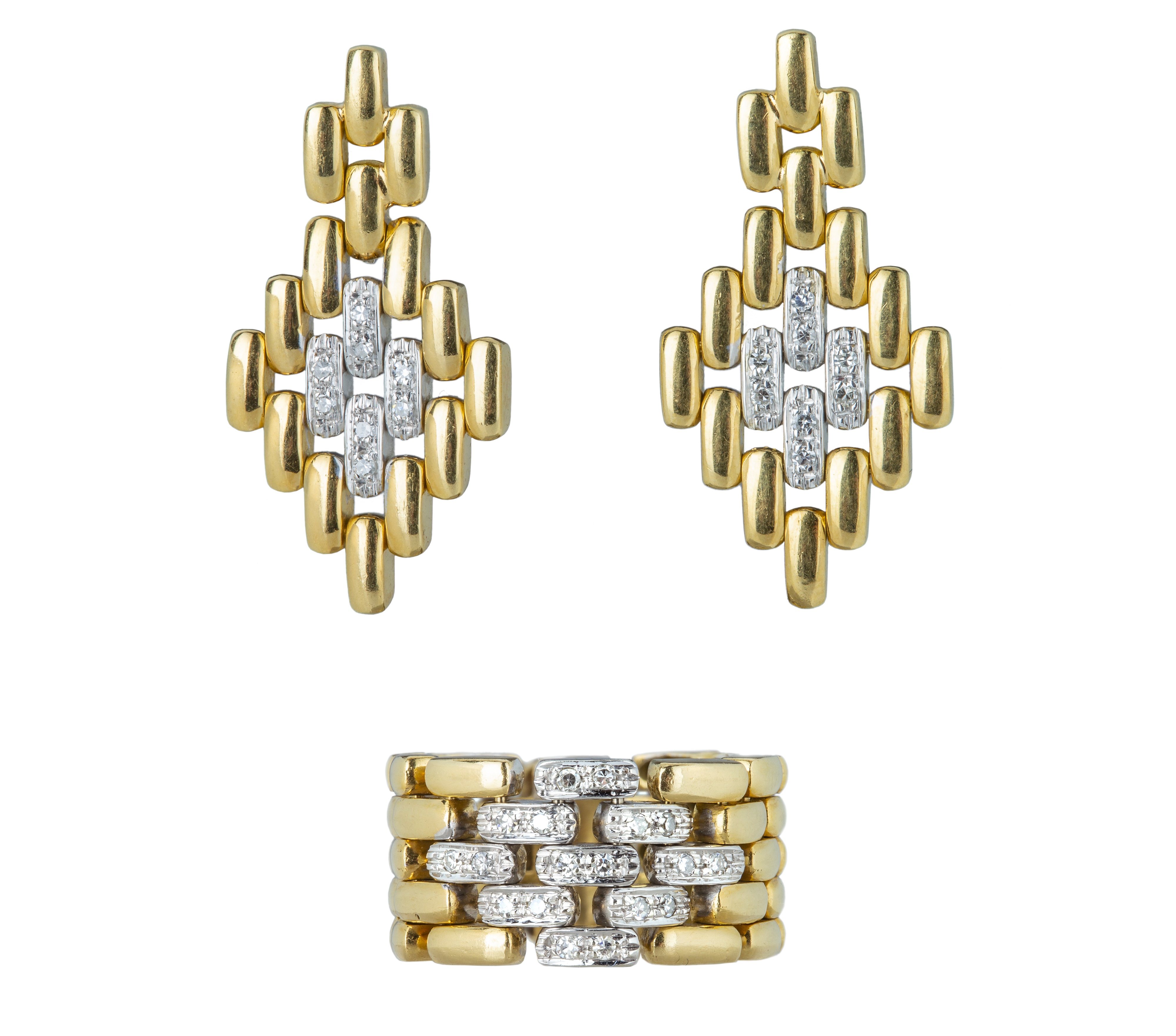 A 1960s yellow gold and diamond tank-track ring and earring set.