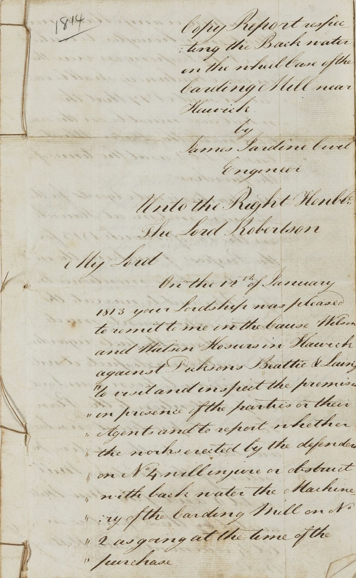 Scotland, Hawick.- Jardine (James, civil engineer) Original legal "Copy Report respecting the Back …