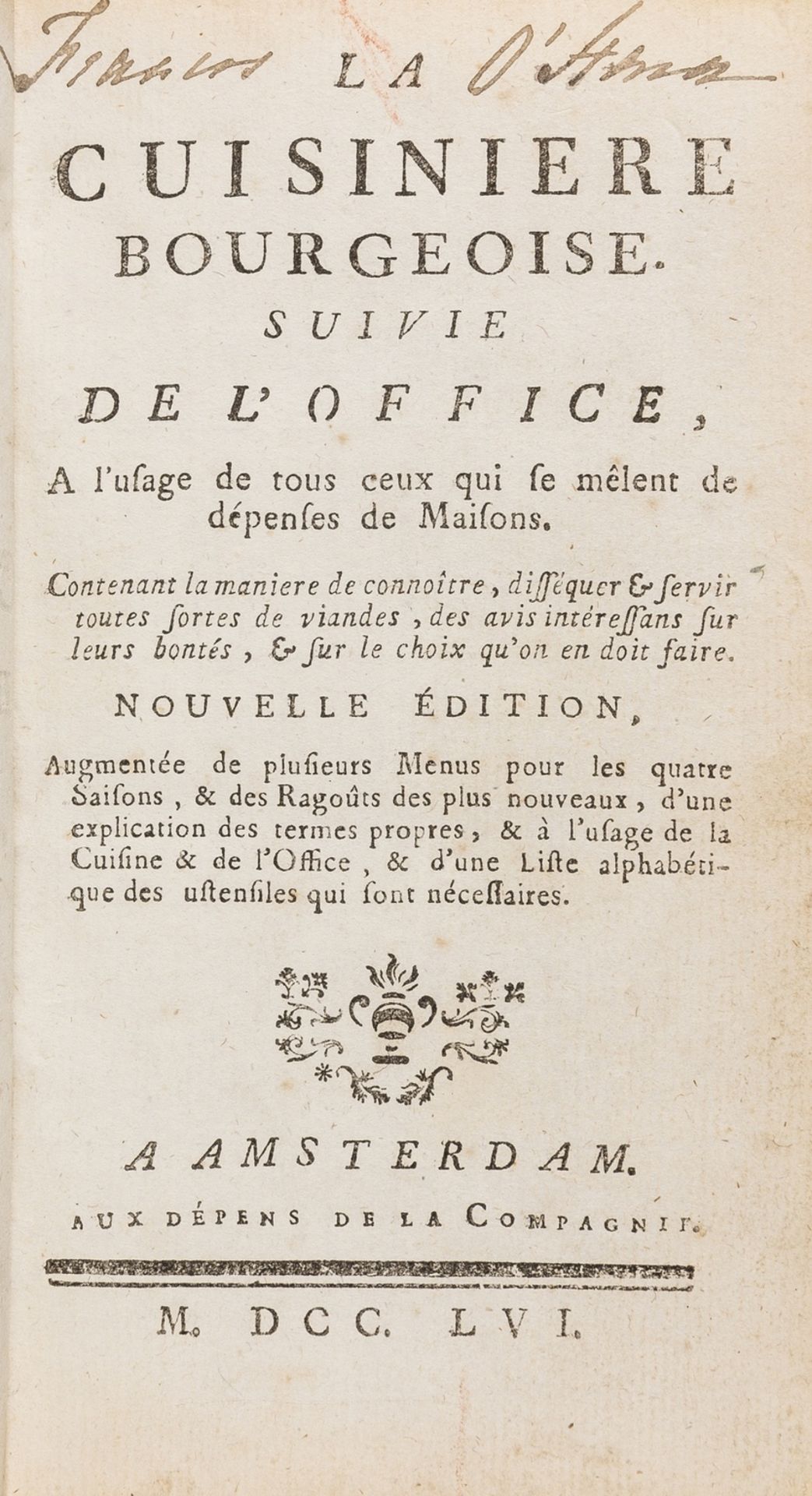 Food & drink.- Menon. La Cuisiniere Bourgeoise, Amsterdam, 1756.