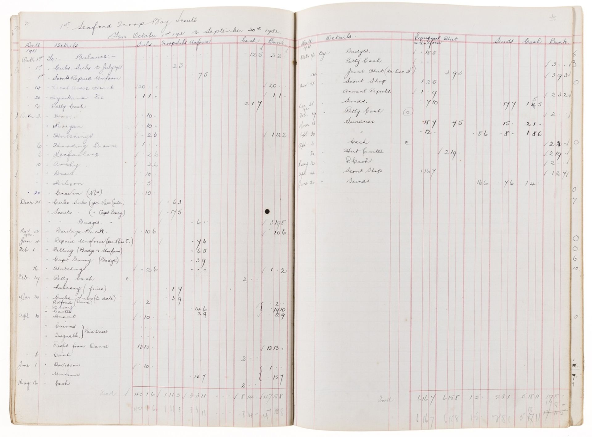 Seaford Scouts.- Accounts 1st Seaford Troop, manuscript account book, original roan-backed cloth, …