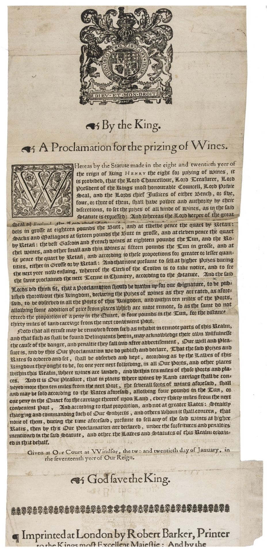 Wine.- Broadside.- Charles I. By the King. A proclamation for the prizing of wines, by Robert …