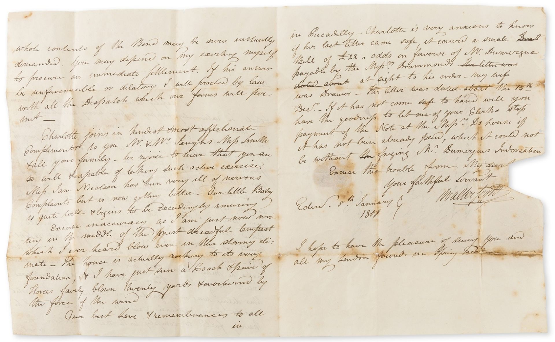 Scott (Sir Walter) Autograph Letter to Robert Smith in St Paul's Churchyard, 1800, on the recovery …
