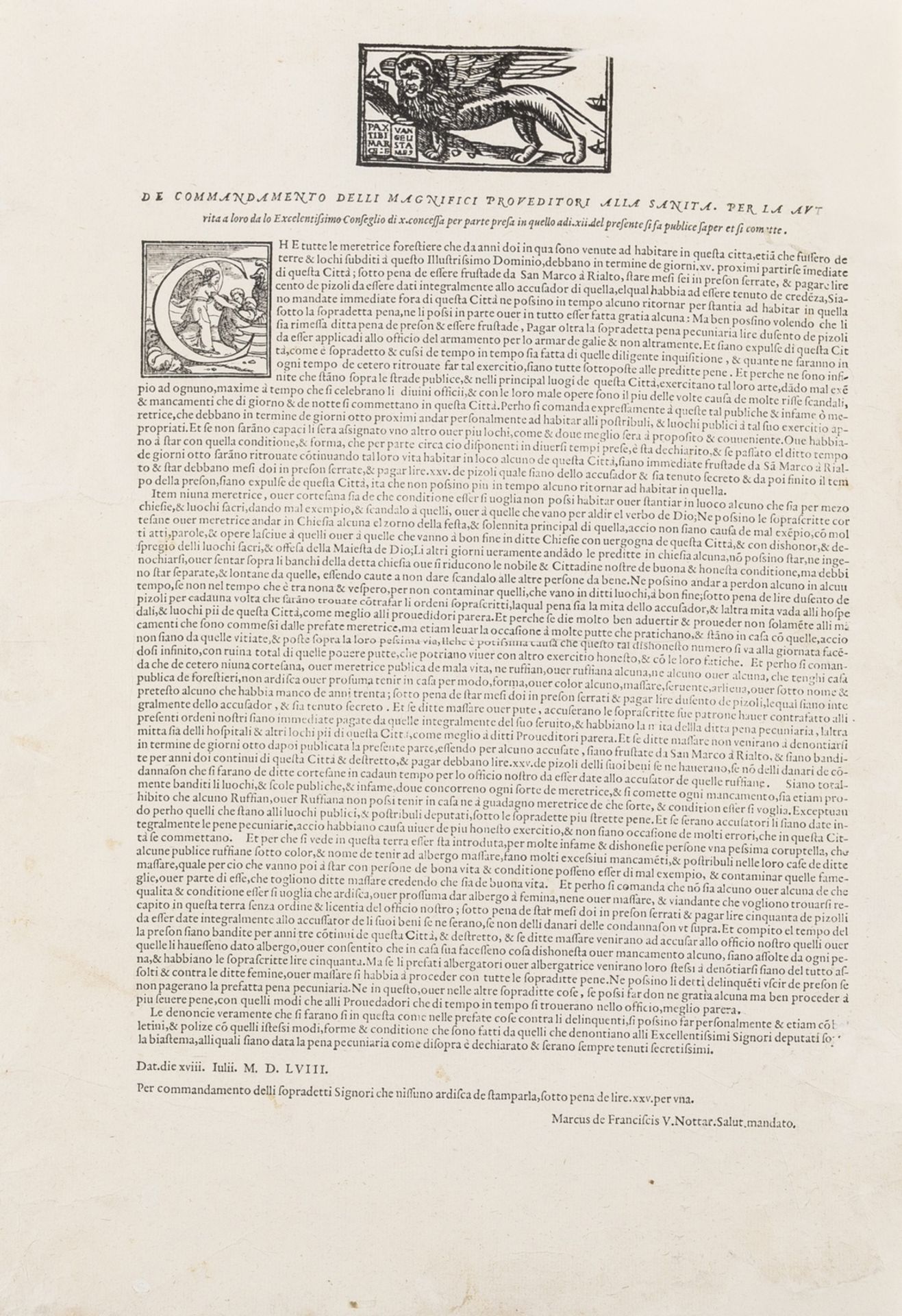 Broadside.- Foreign prostitutes in Venice.- Provveditori alla Sanità. [Proclamation banning …