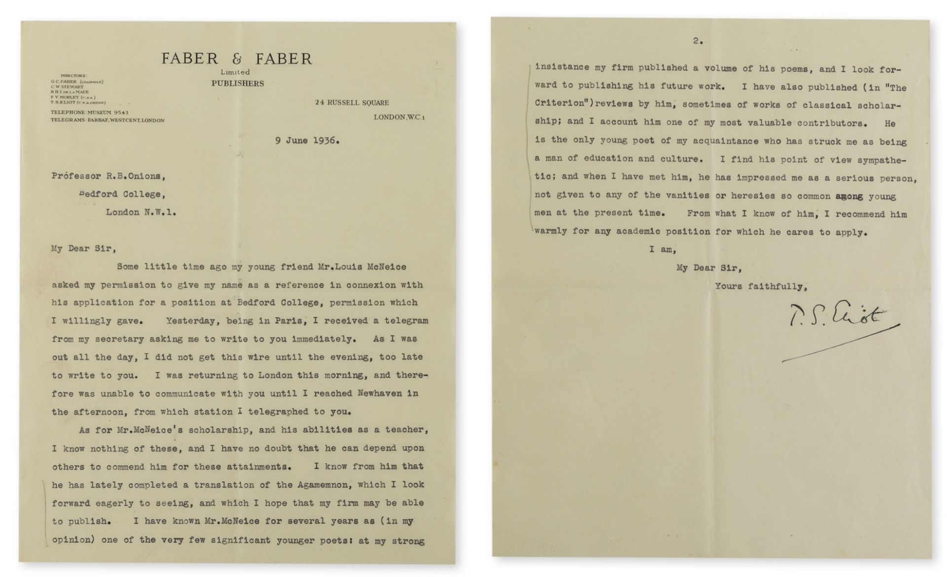 Eliot (T.S.) Typed Letter signed to Professor R.B. Onions of Bedford College, 1936, recommending …