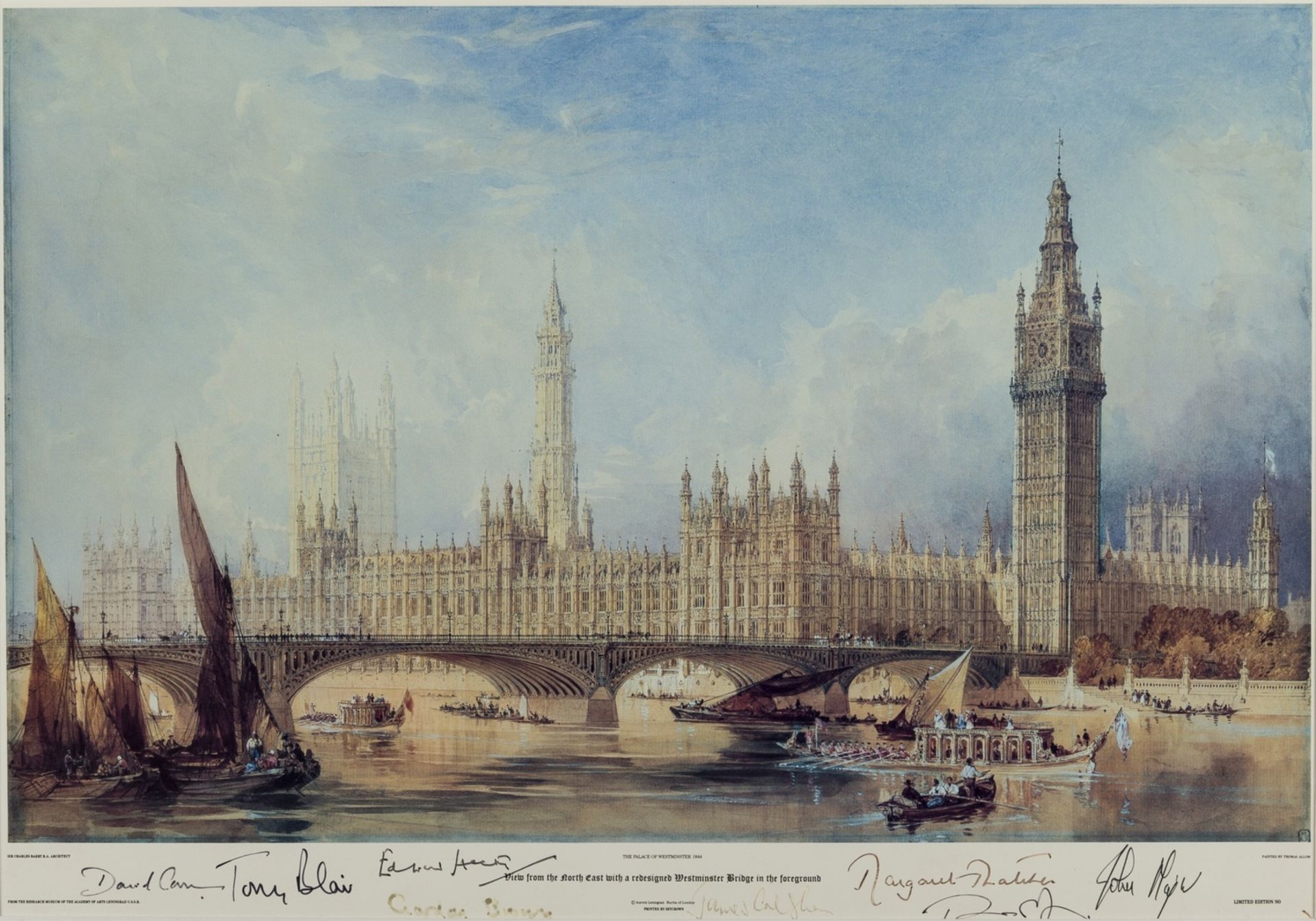 British Prime Ministers.- , The Palace of Westminster 1844, signed at foot by 8 former Prime …