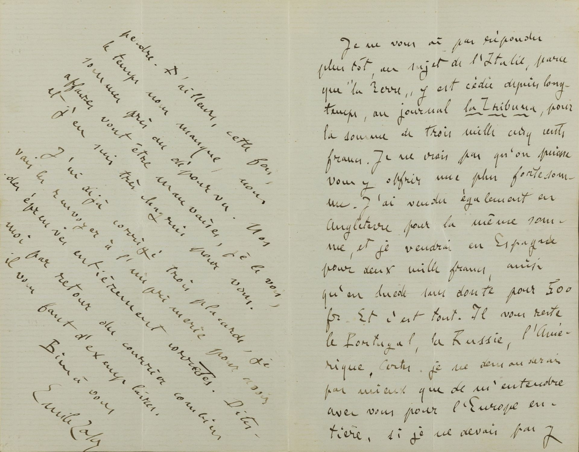 Zola (Émile) Autograph Letter signed to Ernst Ziegler in Vienna, in French, 1887, his friend and …