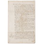 Tilbury Fort.- Harbord Sir Charles) Letter signed "C Harbord" possibly to the Lord Treasurer, …
