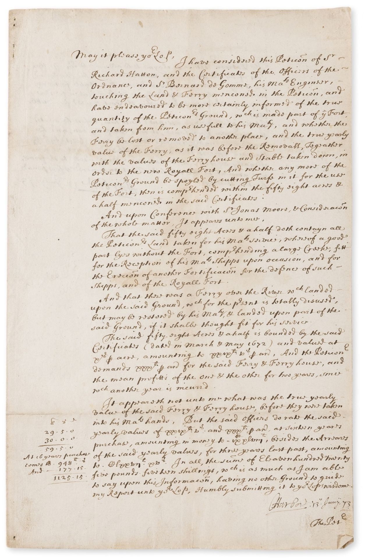 Tilbury Fort.- Harbord Sir Charles) Letter signed "C Harbord" possibly to the Lord Treasurer, …