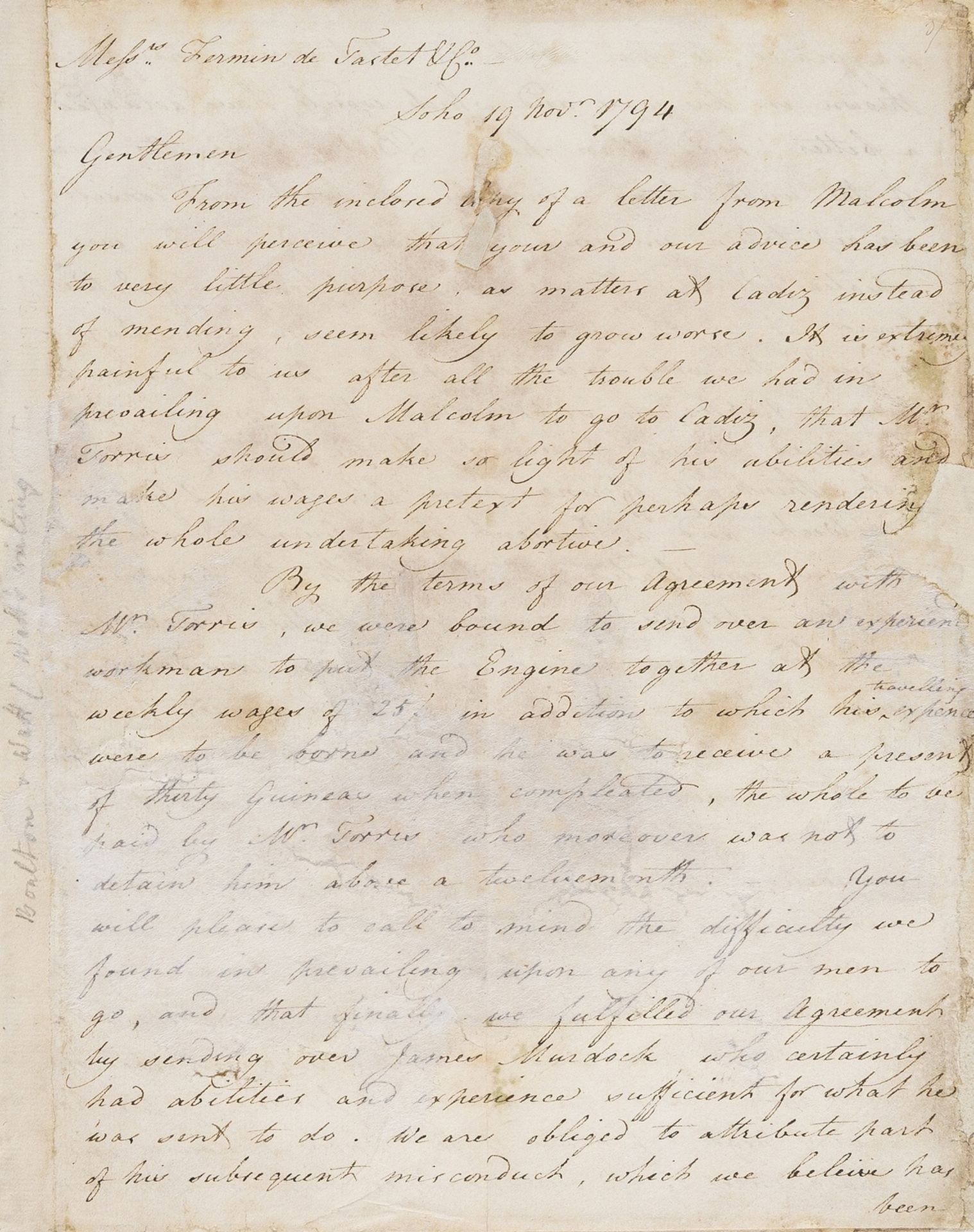 Boulton (Matthew) & Watt (James) Autograph Letter signed "Boulton & Watt" (Watt's autograph) to …