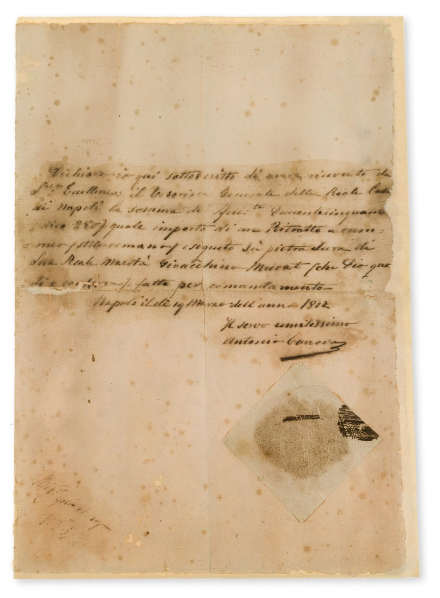 Canova (Antonio) Autograph receipt signed to the Treasurer General of the Royal House of Naples …