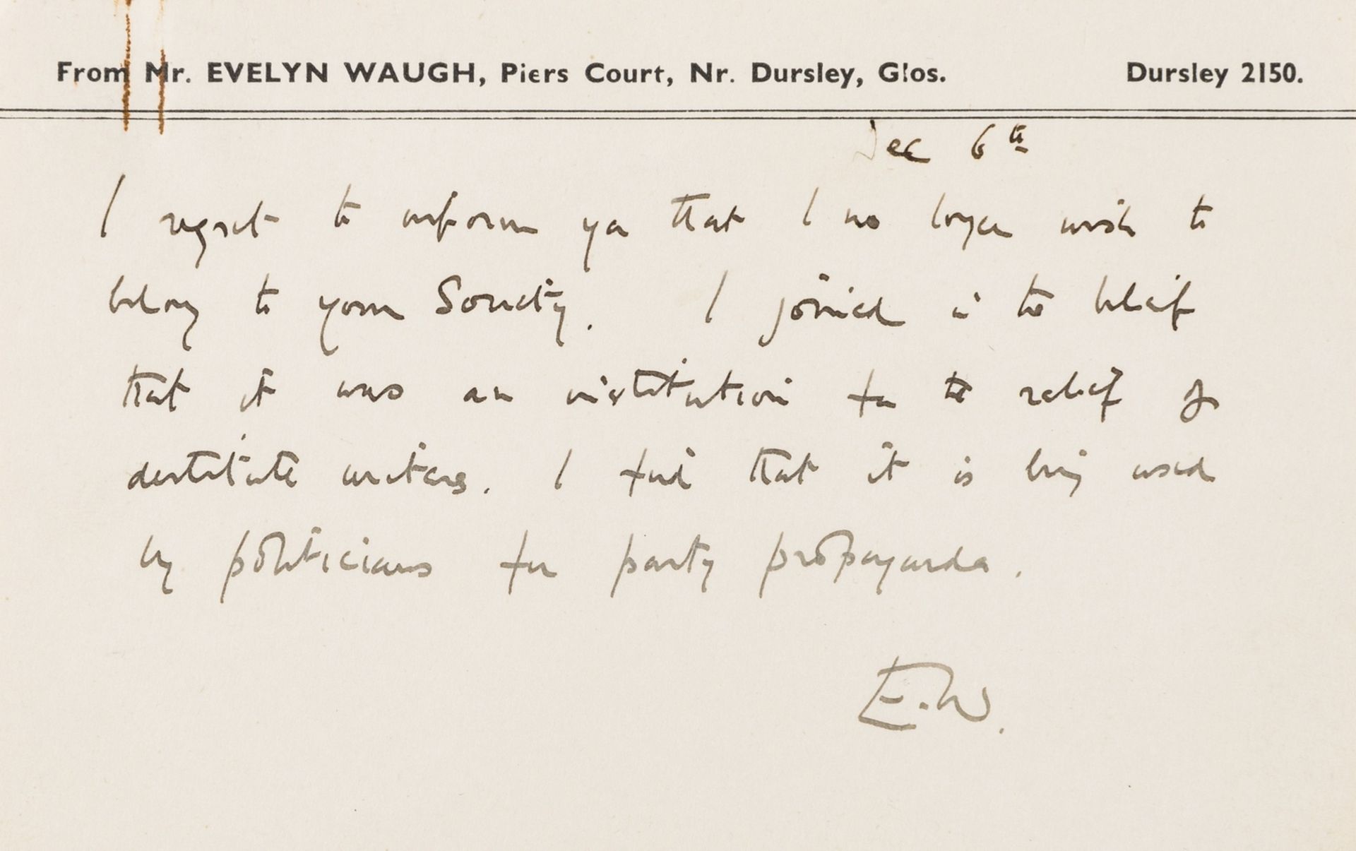 Waugh (Evelyn) 2 Autograph Postcards, resigning from the Society of Authors, 1950.