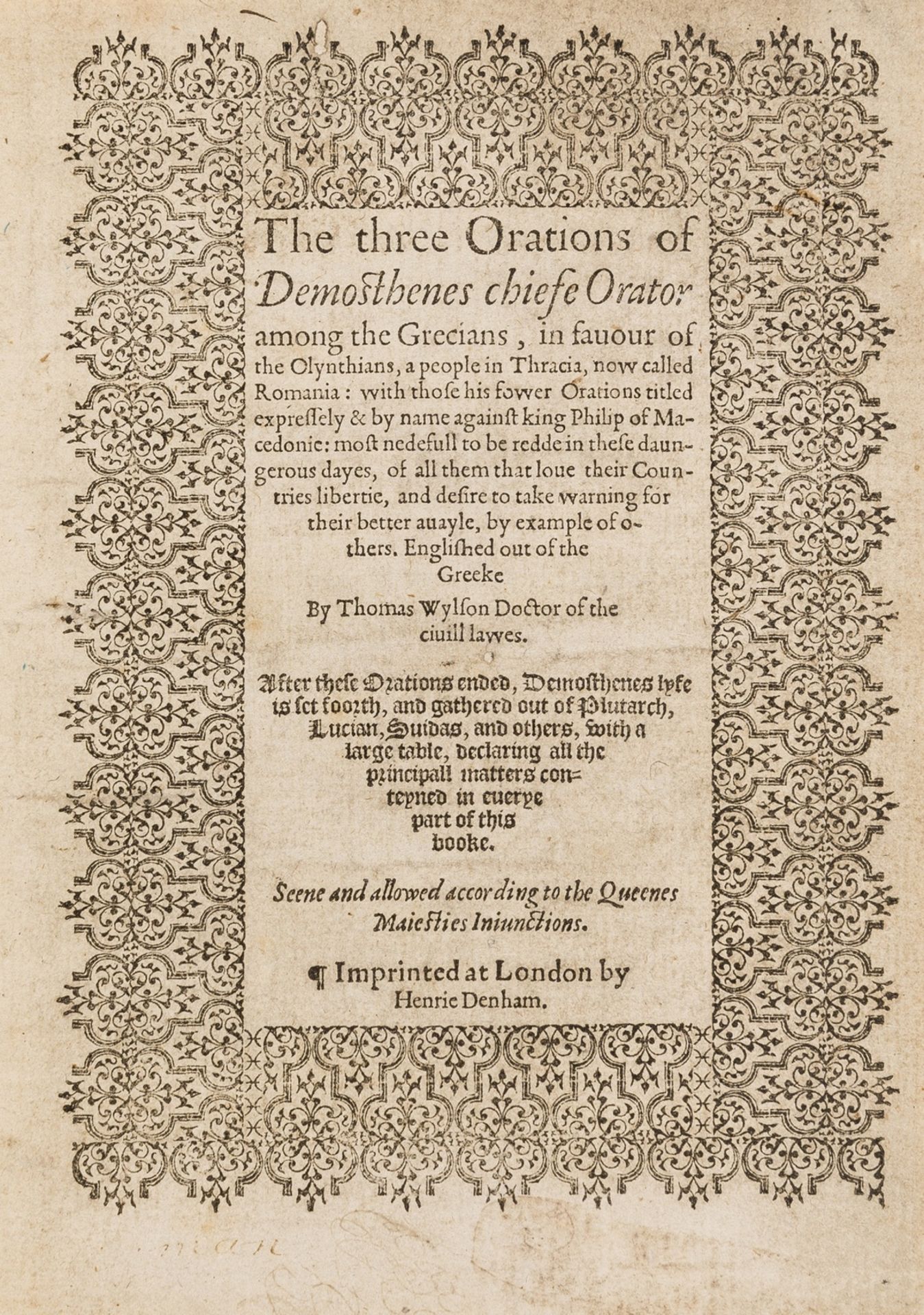 Demosthenes. The Three Orations of Demosthenes, first edition in English, 1570.