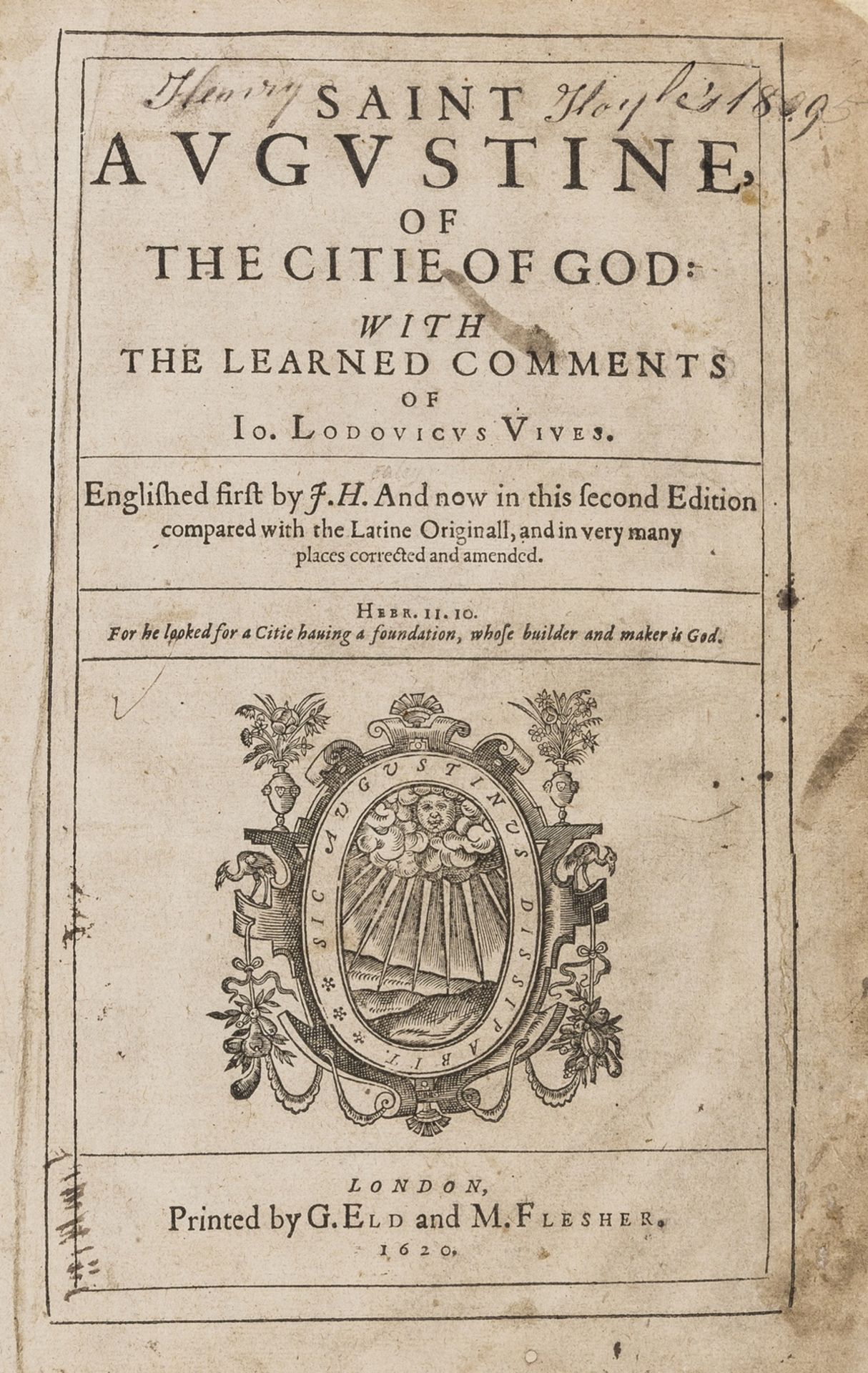 Augustine (Saint) Of the Citie of God, second edition in English, 1620.