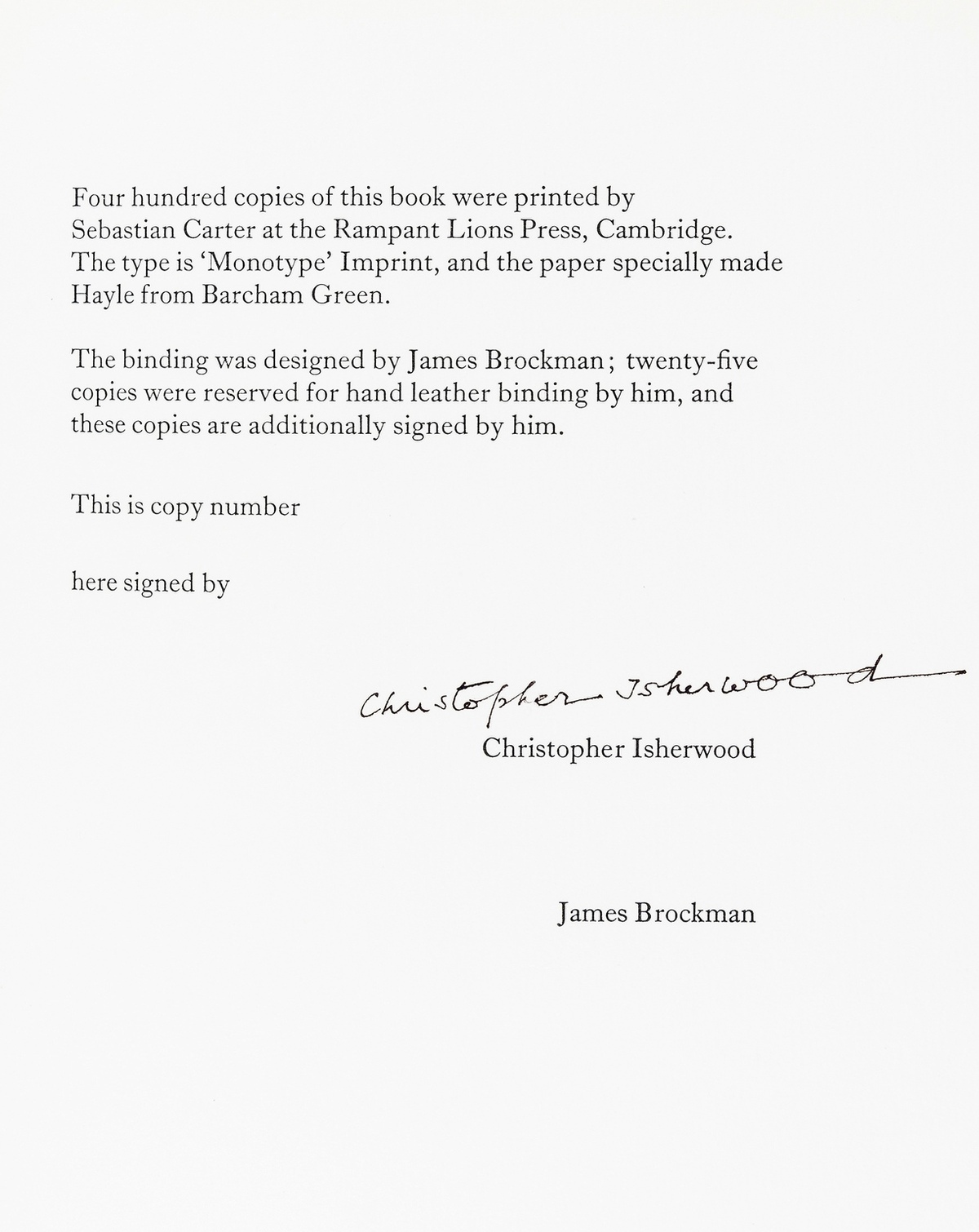 Isherwood (Christopher) A Single Man, out-of-series copy from an edition of 400 signed by author, …