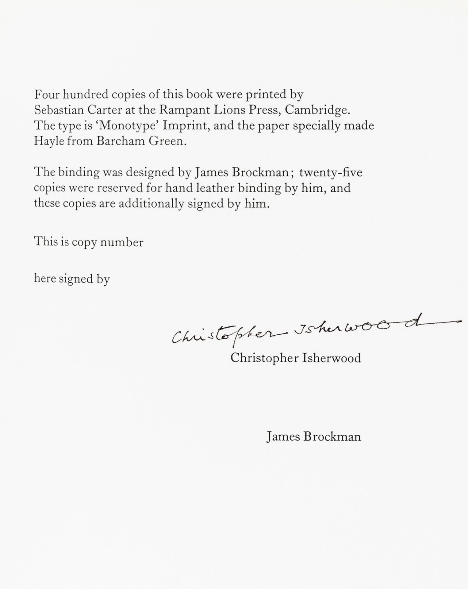 Isherwood (Christopher) A Single Man, out-of-series copy from an edition of 400 signed by author, …