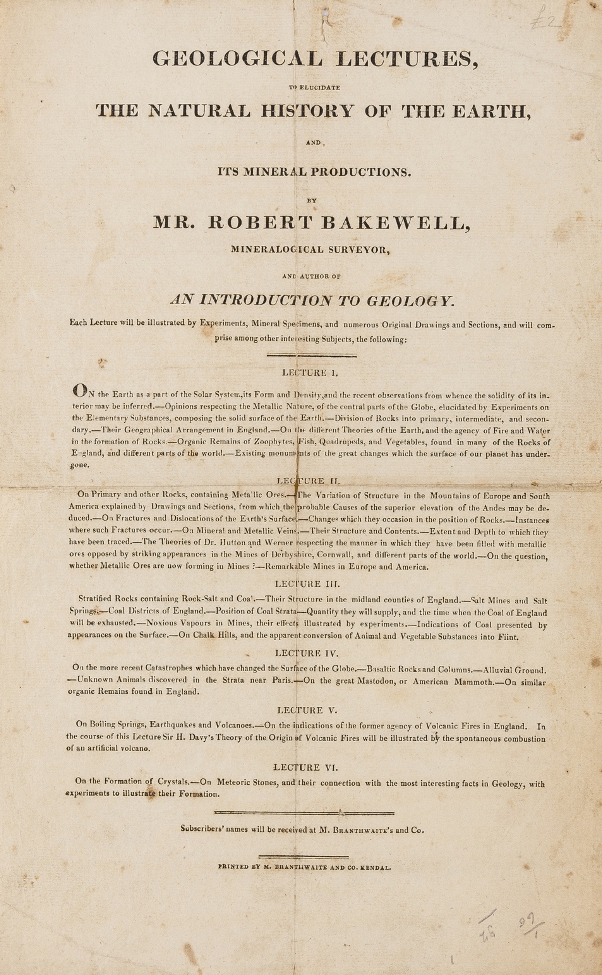 Geology.- Bakewell (Robert) Geological Lectures, to Elucidate the natural History of the Earth, …