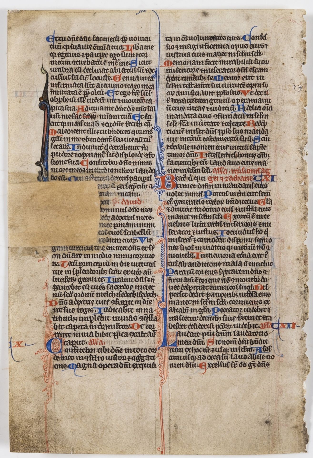 Bible, Latin. Single leaf from the Psalms, decorated manuscript on vellum, double column, written …