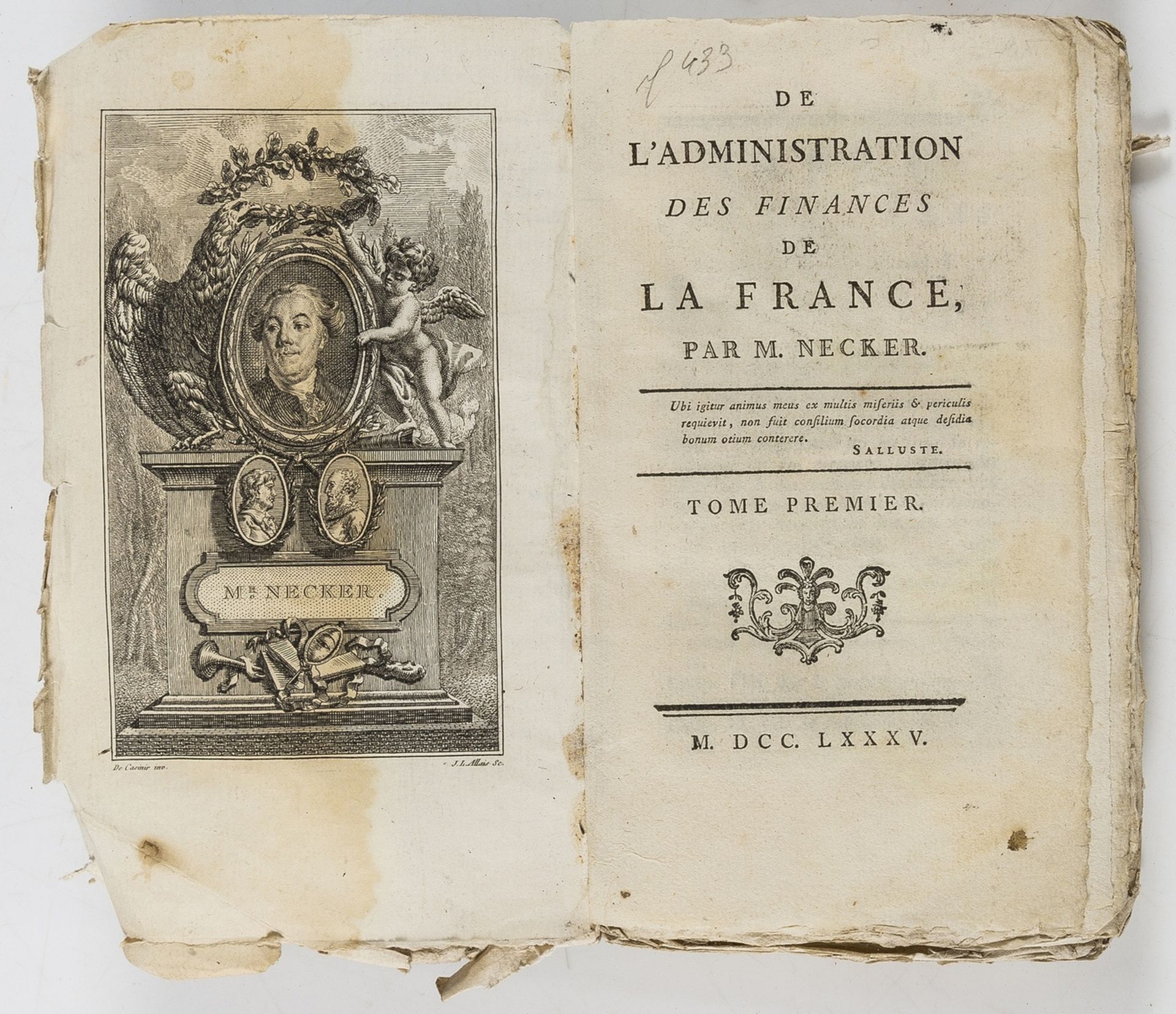 Necker (Jacques) De l'Administration des Finances de la France, 3 vol., engraved frontispiece to …