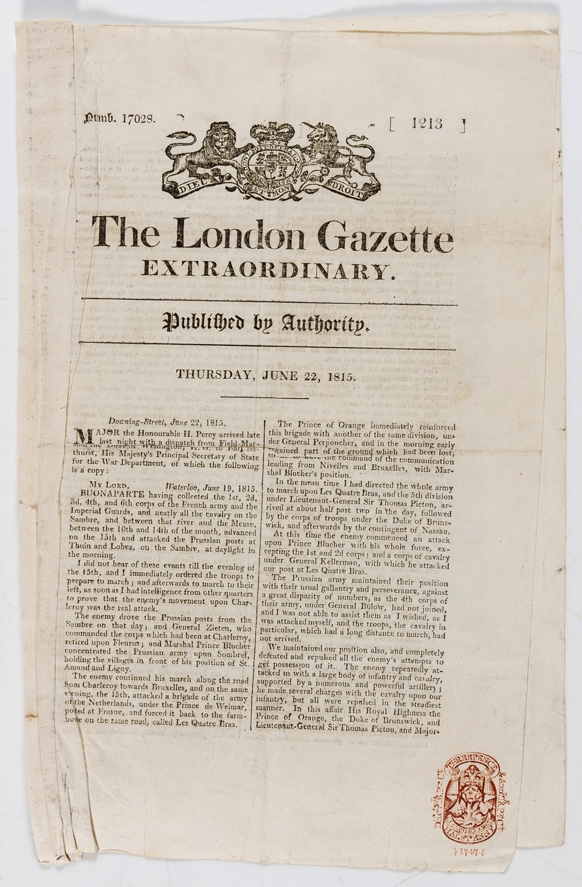 Waterloo.- [Account of the Battle of Waterloo in the London Gazette], 1815; and 4 other pieces …