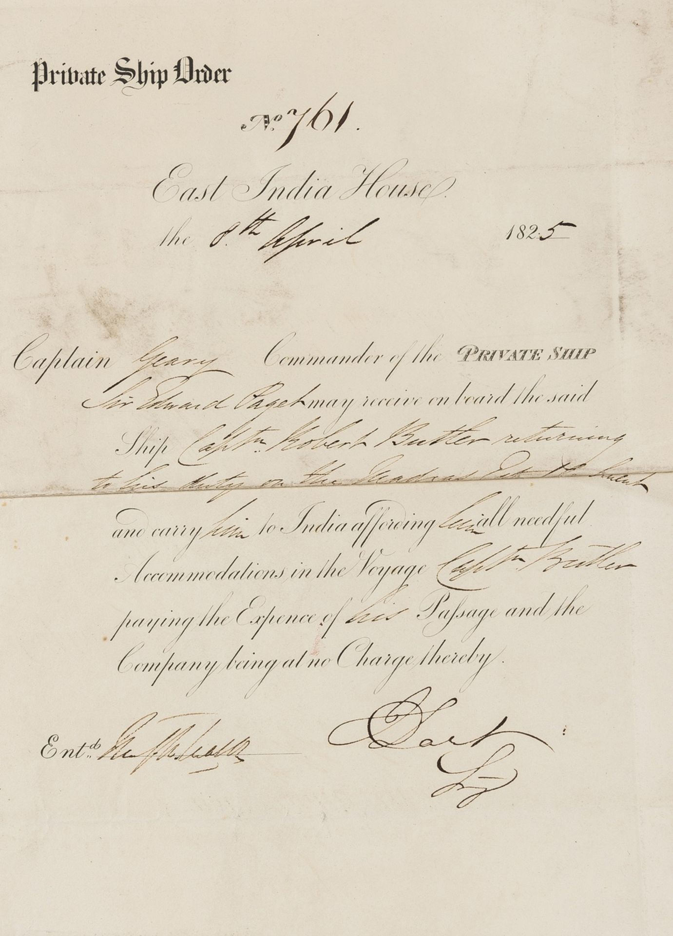 East India Company.- Private Ship Order... East India House, D.s., engraved document with …