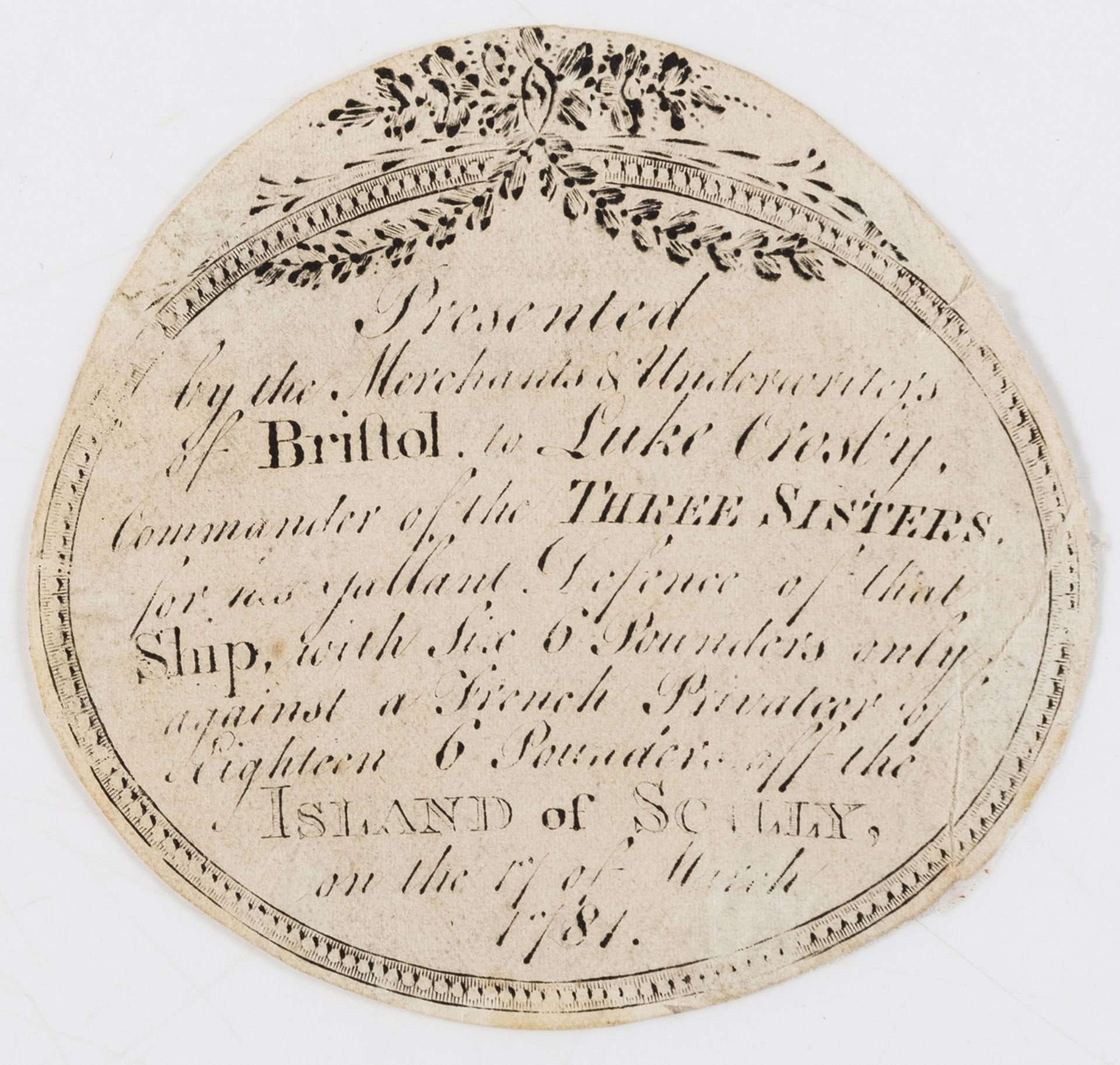 Maritime.- French privateer defeated off the Scilly Isles.- Rare presentation label, [Bristol], …