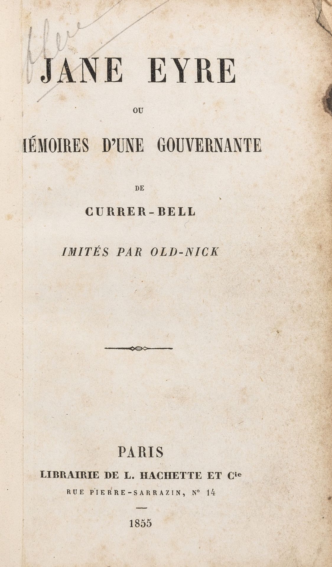 [Brontë (Charlotte)] "Currer Bell". Jane Eyre ou Mémoires d'une Gouvernante ... imités par …