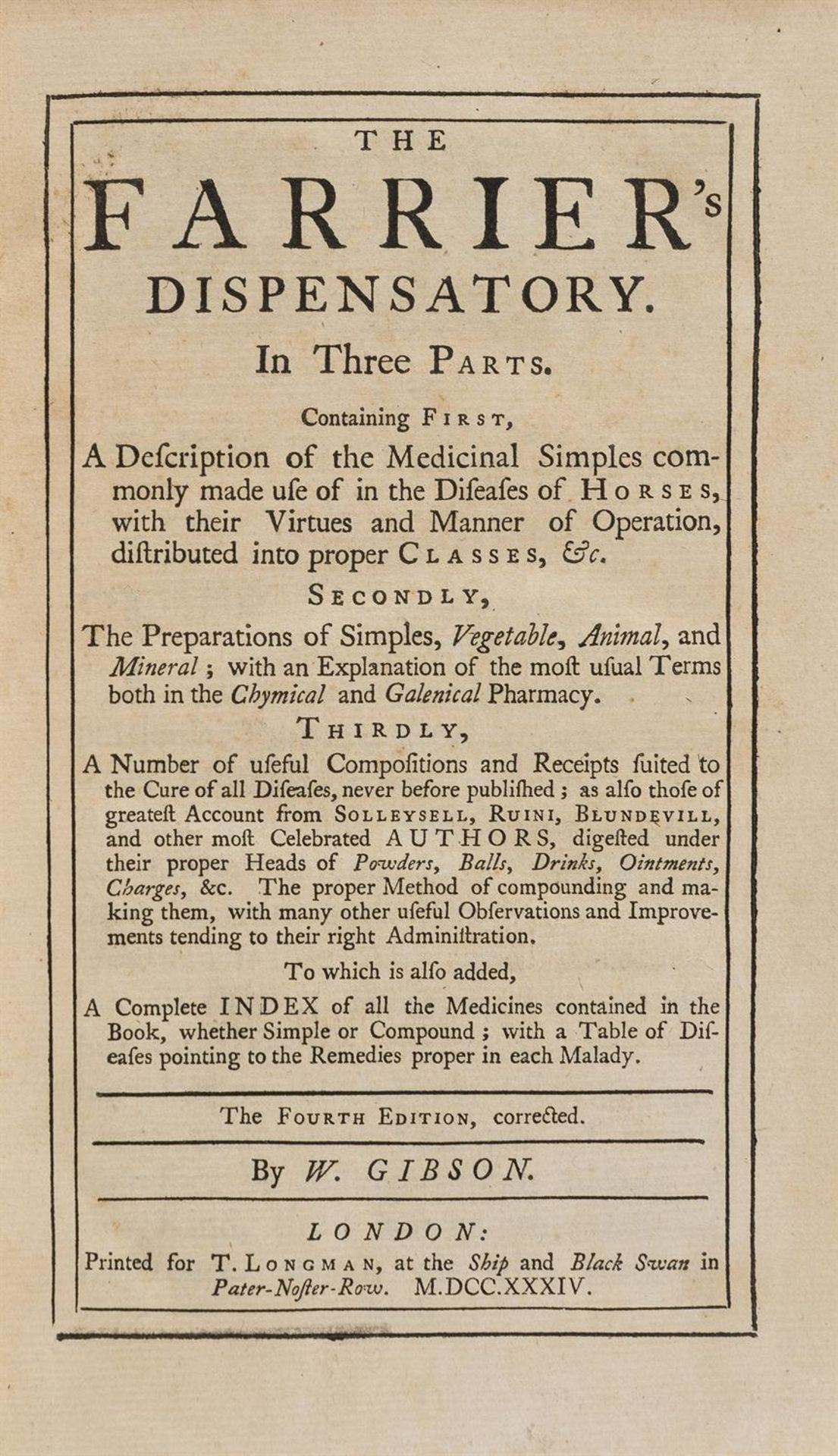 Horses Gibson William The Farriers Dispensatory fourth edition for T Longman 1734