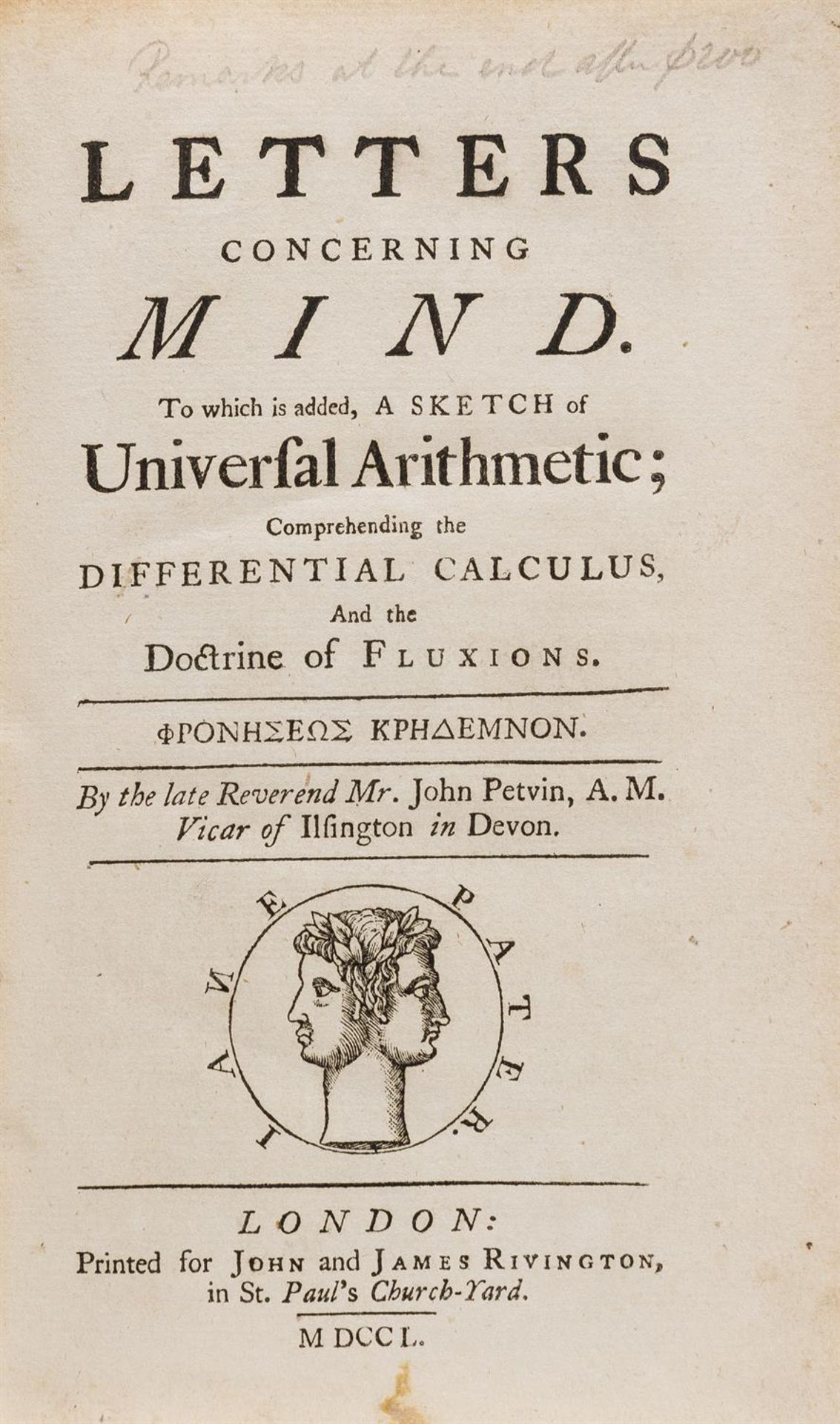 Mathematics Petvin Rev John Letters Concerning Mind To which is added a Sketch of Universal ...
