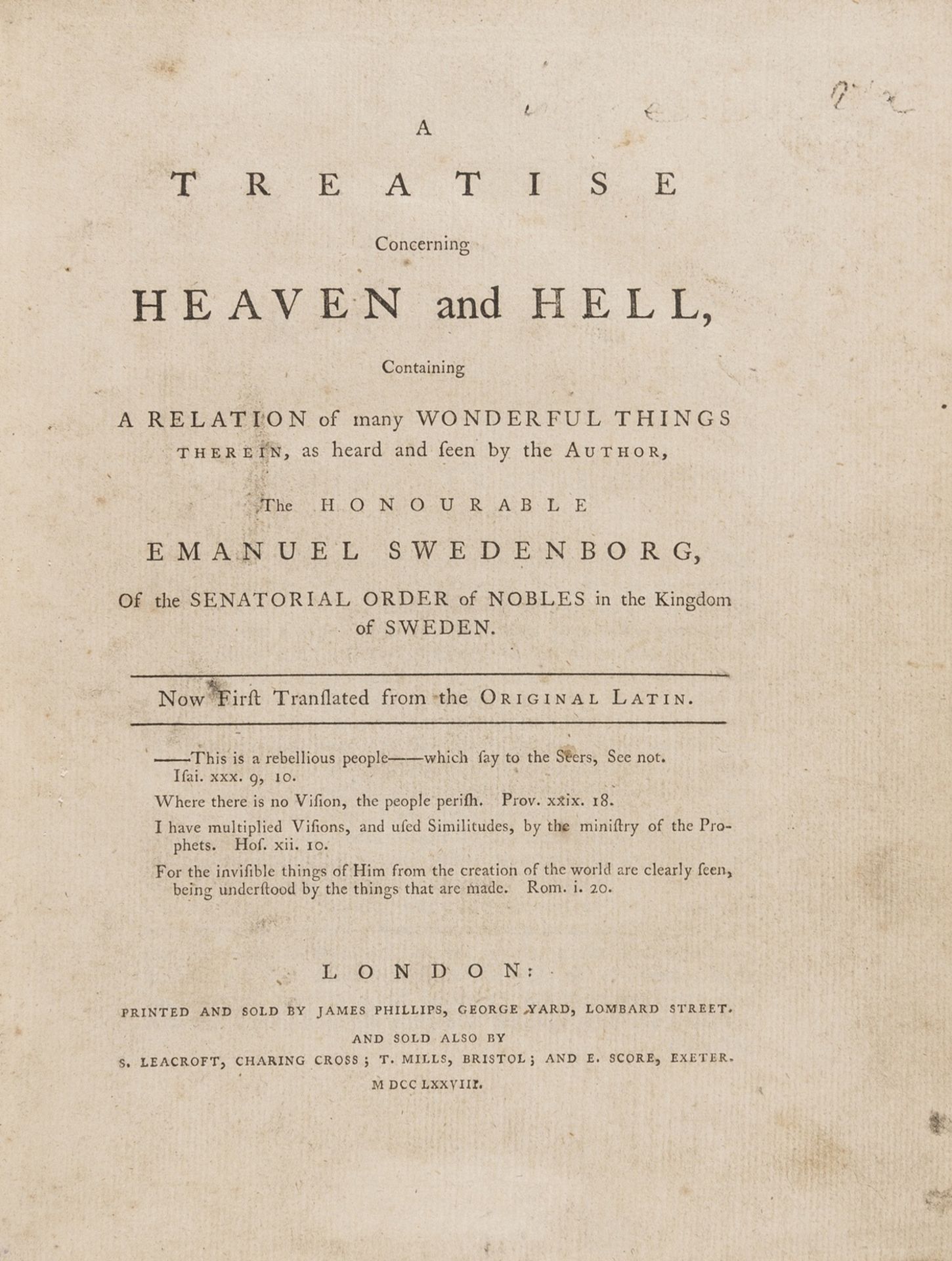 Swedenborg (Emanuel) A Treatise concerning Heaven and Hell, first English edition, James Phillips, …