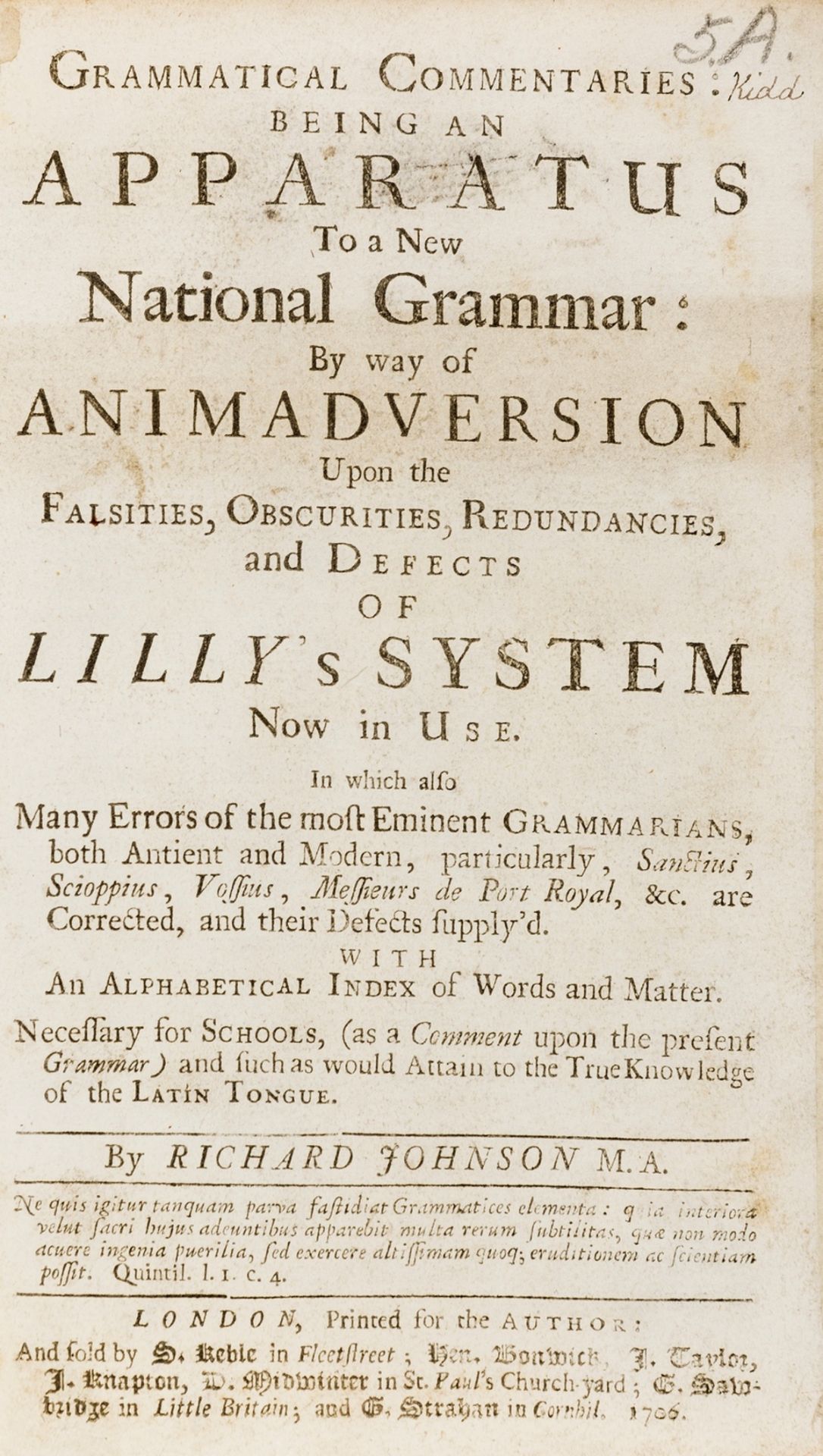 Johnson (Richard) Grammatical Commentaries being an Apparatus to a New Grammar, first edition, for …