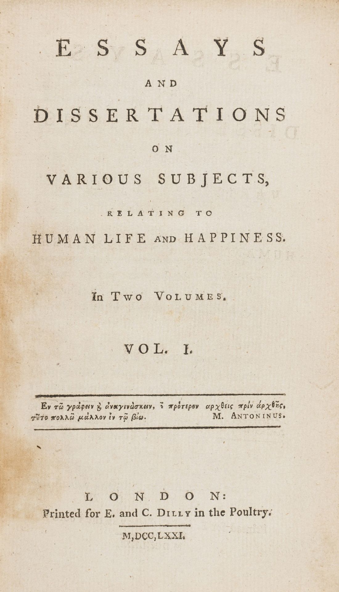 [Bethune (John)] Essays and dissertations on various subjects, relating to human life and …