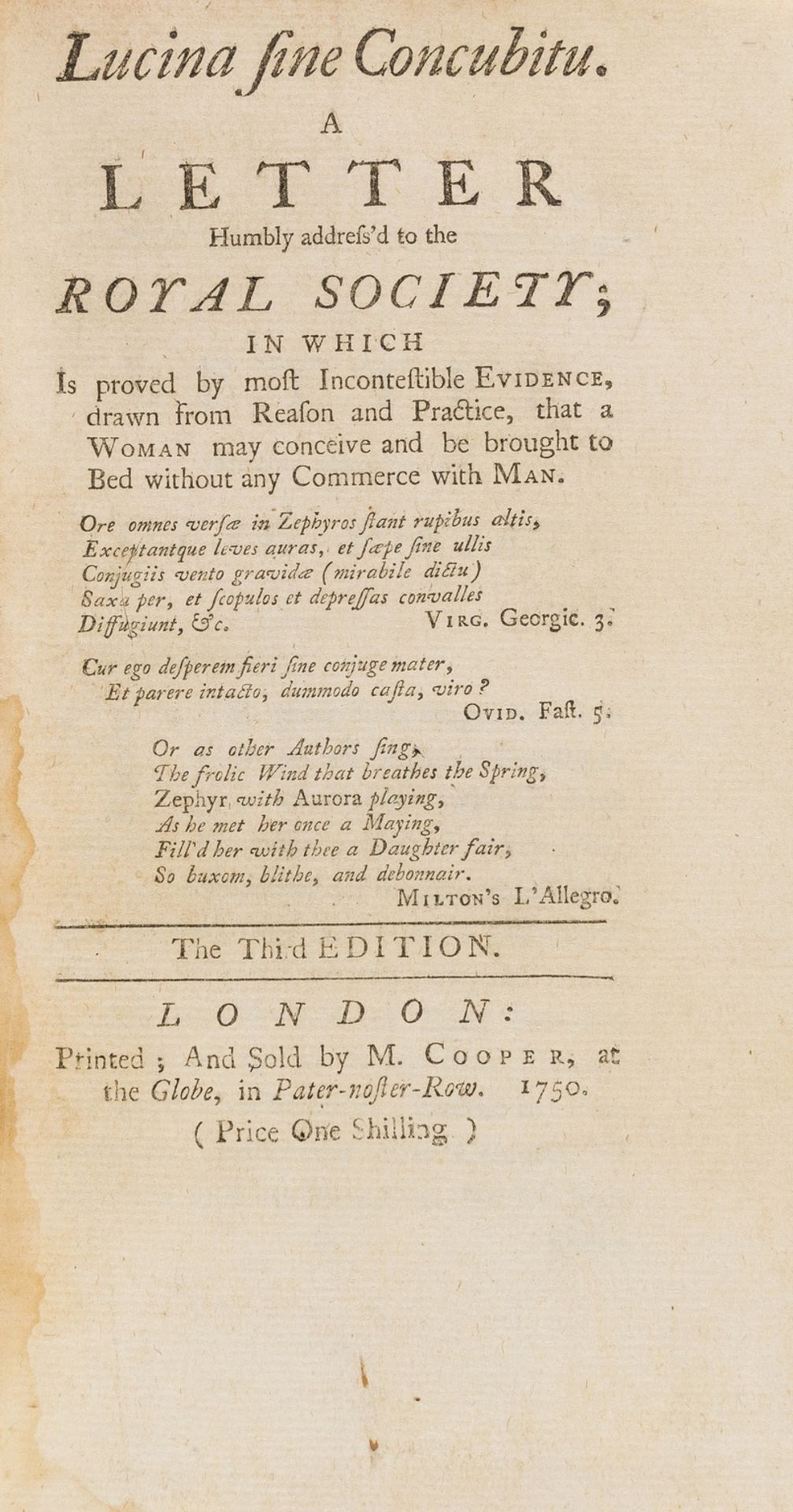 Hoax.- [Hill (Sir John)], "Abraham Johnson". Lucina sine concubitu, third edition, M.Cooper, 1750.