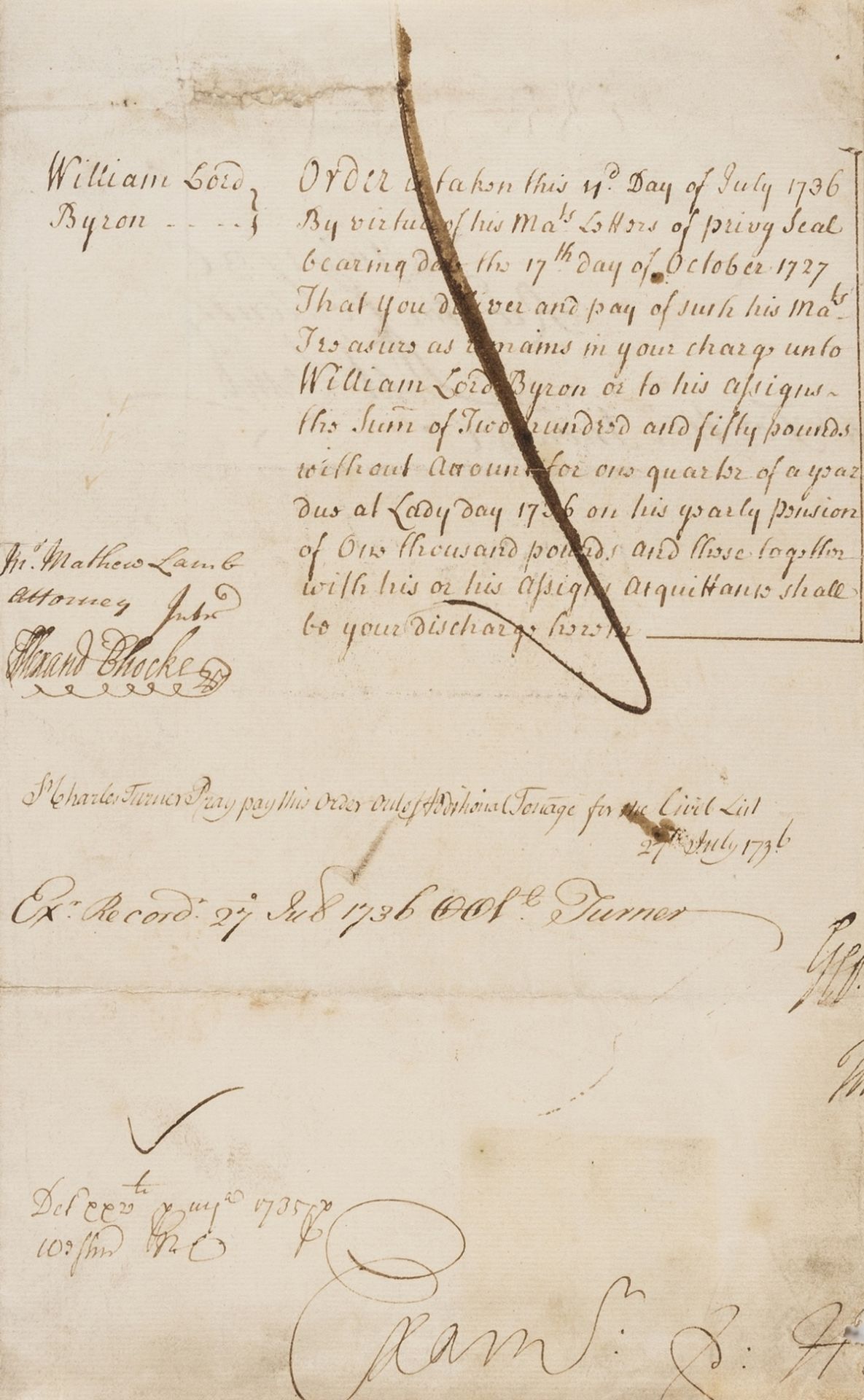 George II.- Treasury Warrant ordering payment of Two hundred and fifty pounds to William Lord …