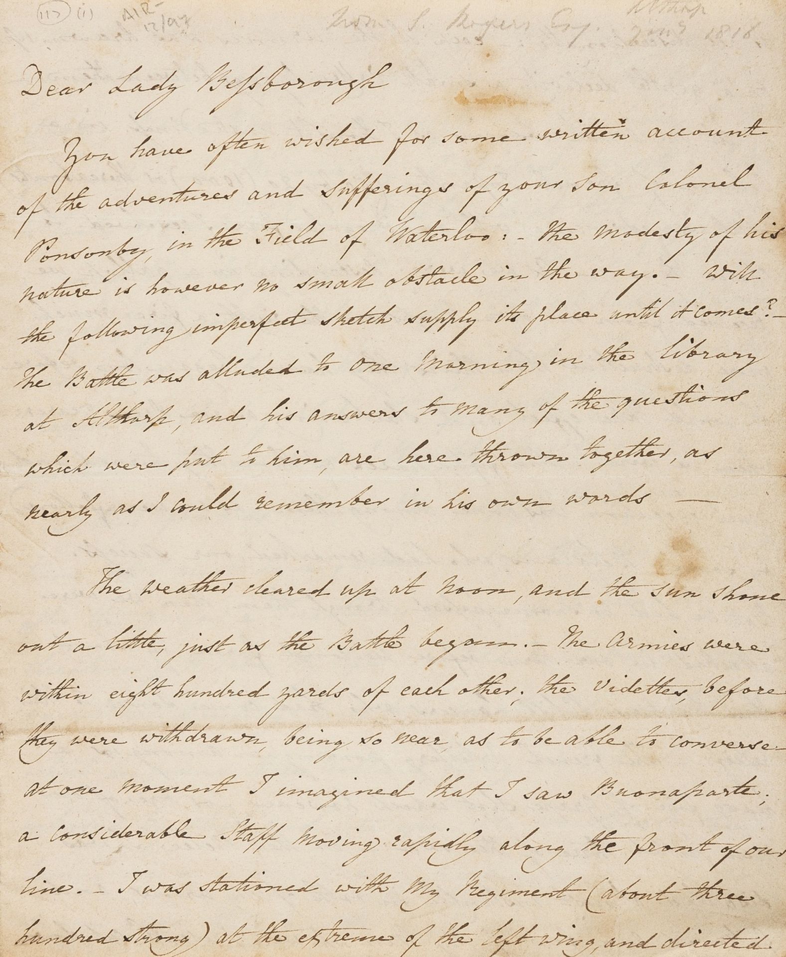 Waterloo.- Hume (John Robert) Copy Letter of Sir Frederick Ponsonby's account of the Battle of …